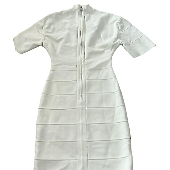 Herve Leger Paris Womens Dress XS White Short Sleeve Mock Neck Cut Out Rib Mini - Picture 6 of 12